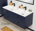 Szafka pod umywalkę granatowa z czarnymi uchwytami muszlowymi 120cm Grend GRD-GRD-GN-U121/46/4, umywalka podwójna GREND-1210D i bateria umywalkowa Kohlman Experience QB100EB czarna.