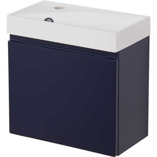 Szafka pod umywalkę do małej łazienki granatowa o szerokości 40cm Cler CLR-GN-U40/22 i umywalka dolomitowa RENA-400 biała.