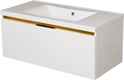 Szafka łazienkowa 100cm biała ze złotą wstawką Diamond Gold DMDG-B-U100/48 z umywalką dolomitową LUCY-1000C.