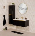 Szafka łazienkowa 100cm czarna ze złotą wstawką Diamond Gold DMDG-C-U100/48, umywalka dolomitowa LUCY-1000C biała, regał łazienkowy DMDG-C-RW oraz lustro okrągłe w złotej ramie aluminiowej ALUZ-LO80.