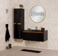 Szafka łazienkowa 100cm czarna ze złotą wstawką Diamond Gold DMDG-C-U100/48, umywalka dolomitowa LUCY-1000C czarna, regał łazienkowy DMDG-C-RW oraz lustro okrągłe w złotej ramie aluminiowej ALUZ-LO80.