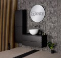 Szafka łazienkowa 100cm glamour czarna Glow GLW-C-U100/48/2, umywalka dolomitowa BRILO-420, regał łazienkowy GLW-C-RW oraz lustro okrągłe w czarnej ramie aluminiowej ALUC-LO80.