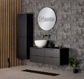 Szafka łazienkowa 120cm glamour czarna Glow GLW-C-U120/48/4, umywalka dolomitowa BRILO-420, regał łazienkowy GLW-C-RW oraz lustro okrągłe w czarnej ramie aluminiowej ALUC-LO80.