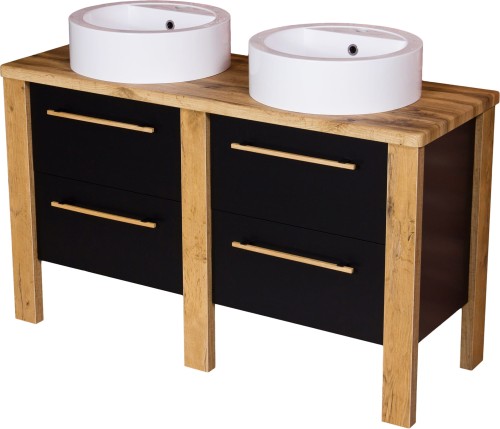 Szafka łazienkowa podwójna 130cm Cortez CRT-C-U130/48/4 z dwiema umywalkami LENA-460 białymi.