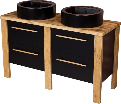 Szafka łazienkowa podwójna 130cm Cortez CRT-C-U130/48/4 z dwiema umywalkami LENA-460 czarnymi.