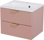 Szafka łazienkowa pudrowy róż 50 cm MAGNOLIA z umywalką - złote uchwyty