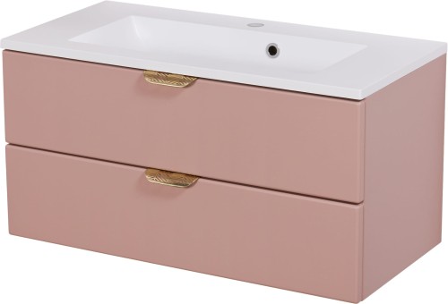 Szafka łazienkowa pudrowy róż 80 cm Magnolia MGL-M-U80/39/2 ze złotymi uchwytami i umywalka SOMA-800 biała.