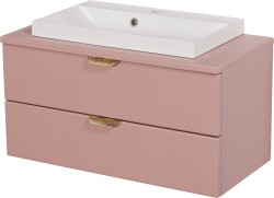 Szafka łazienkowa pudrowy róż 80 cm MAGNOLIA z blatem i umywalką - złote uchwyty