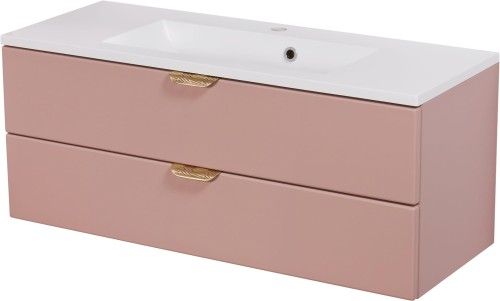 Szafka łazienkowa pudrowy róż 100 cm Magnolia MGL-M-U100/39/2 ze złotymi uchwytami i umywalka SOMA-1000 biała.