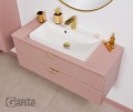 Różowa szafka z blatem 100 cm Magnolia MGL-M-U100/39/2 ze złotymi uchwytami, umywalka LIV-600C biała i bateria umywalkowa Kohlman Experience QB100EGDB złoto szczotkowane.