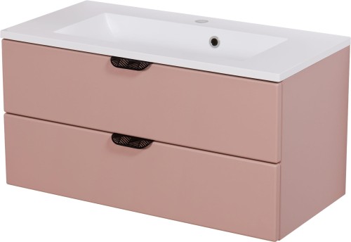 Szafka łazienkowa pudrowy róż 80 cm Magnolia MGL-M-U80/39/2 z czarnymi uchwytami i umywalka SOMA-800 biała.