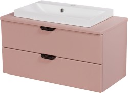 Szafka łazienkowa pudrowy róż 80 cm MAGNOLIA z blatem i umywalką - czarne uchwyty