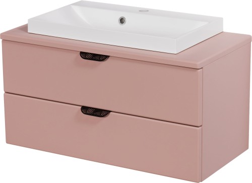 Szafka łazienkowa pudrowy róż 80 cm Magnolia MGL-M-U80/39/2 z czarnymi uchwytami i umywalka LIV-600C biała.
