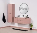 Różowy regał łazienkowy Magnolia MGL-M-RW, szafka łazienkowa z blatem 120 cm MGL-M-U120/39C, umywalka dolomitowa LIV-600C oraz lustro w czarnej ramie aluminiowej ALUZ-LO80.