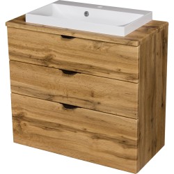 Szafka łazienkowa dąb naturalny 80 cm VICTA z blatem i umywalką białą