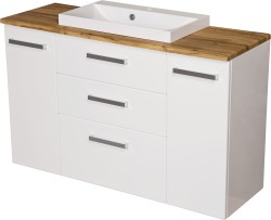 Szafka łazienkowa biała 120 cm z blatem dąb naturalny i umywalką FOKUS NEW