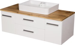 Szafka łazienkowa biała 120 cm z blatem dąb naturalny i umywalką FOKUS NEW