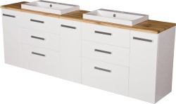 Szafka łazienkowa biała 210 cm z blatem dąb naturalny i dwiema umywalkami FOKUS NEW