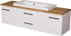 Szafka łazienkowa biała 140 cm z blatem dąb naturalny i umywalką FOKUS NEW