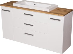 Szafka łazienkowa biała 140 cm z blatem dąb naturalny i umywalką FOKUS NEW