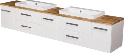 Szafka łazienkowa biała 210 cm z blatem dąb naturalny i dwiema umywalkami FOKUS NEW