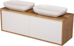 Szafka łazienkowa dąb naturalny 140 cm VENUS z blatem i dwiema umywalkami