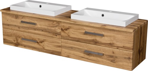 Szafka łazienkowa dąb naturalny 160 cm FOKUS NEW z blatem i dwiema umywalkami