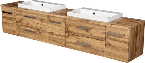 Szafka łazienkowa dąb naturalny 210 cm FOKUS NEW z blatem i dwiema umywalkami
