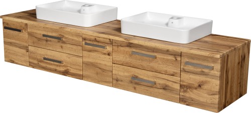 Szafka łazienkowa dąb naturalny 210 cm FOKUS NEW z blatem i dwiema umywalkami