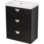 Szafka łazienkowa czarna 60 cm DOMINO z umywalką białą - złote uchwyty