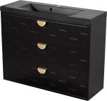 Szafka łazienkowa czarna 100 cm DOMINO z umywalką czarną - złote uchwyty