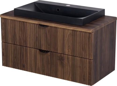 Szafka łazienkowa orzech 80 cm z blatem Gante Victa Lamello VICL-OR-U80/39/2 i umywalką LIV-600C czarny mat