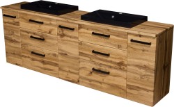 Szafka łazienkowa dąb naturalny 210 cm FOKUS NEW LOFT z blatem i dwiema umywalkami czarnymi