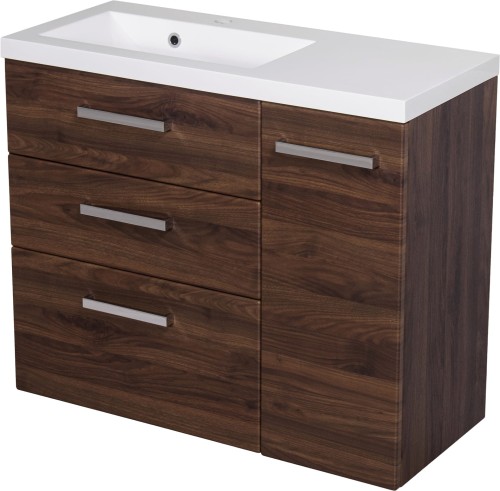 Szafka łazienkowa orzech 90 cm Fokus New FKSN-OR-U90/39/3L z umywalką Clever-900L Jody biała