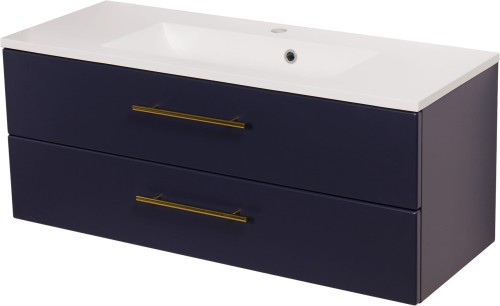 Szafka pod umywalkę granatowa 100cm ze złotymi uchwytami Belli Gold BEL-GN-U100/39/2 i umywalka dolomitowa SOMA-1000.