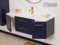 Szafka pod umywalkę granatowa 120cm ze złotymi uchwytami Belli Gold BEL-GN-U120/39C, umywalka dolomitowa SOMA-1200C i bateria umywalkowa Laveo Pola BAP G22D złota.