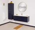 Meble łazienkowe granatowe Belli Gold ze złotymi uchwytami. Szafka pod umywalkę granatowa 120cm BEL-GN-U120/39C, umywalka dolomitowa KIDDY-1200C, regał łazienkowy granatowy BEL-GN-RW i lustro okrągłe w złotej ramie aluminiowej ALUZ-LO80.